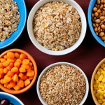 **

"Close-up shot of a diverse mix of colorful vegetables, fruits, whole grains (like oats and brown rice), and legumes (like beans and lentils) arranged artfully. The scene should emphasize the textures and vibrant colors of the food, conveying a sense of natural goodness and health. Focus should be on illustrating a balanced intake of both soluble and insoluble fiber sources. Modern, clean food photography style."

**