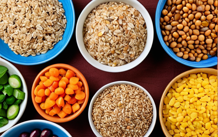 **

"Close-up shot of a diverse mix of colorful vegetables, fruits, whole grains (like oats and brown rice), and legumes (like beans and lentils) arranged artfully. The scene should emphasize the textures and vibrant colors of the food, conveying a sense of natural goodness and health. Focus should be on illustrating a balanced intake of both soluble and insoluble fiber sources. Modern, clean food photography style."

**