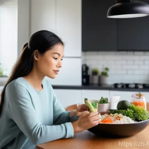 식품과 영양소 - **Prompt:** A modern, well-lit kitchen or study space. A diverse individual (e.g., a woman in her la...