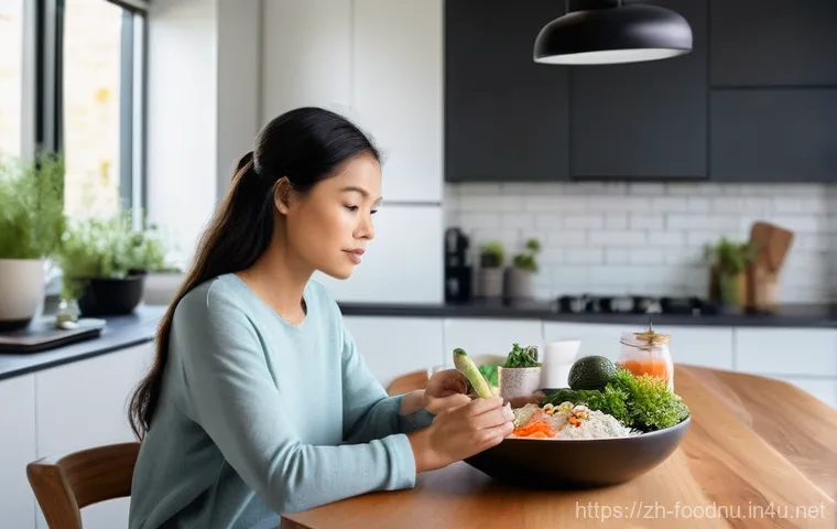 식품과 영양소 - **Prompt:** A modern, well-lit kitchen or study space. A diverse individual (e.g., a woman in her la...