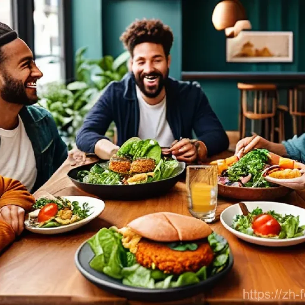 미래 식량과 대체 단백질 - **Prompt for Plant-Based Meat:**
    "A cozy, modern restaurant with warm lighting. A diverse group ...
