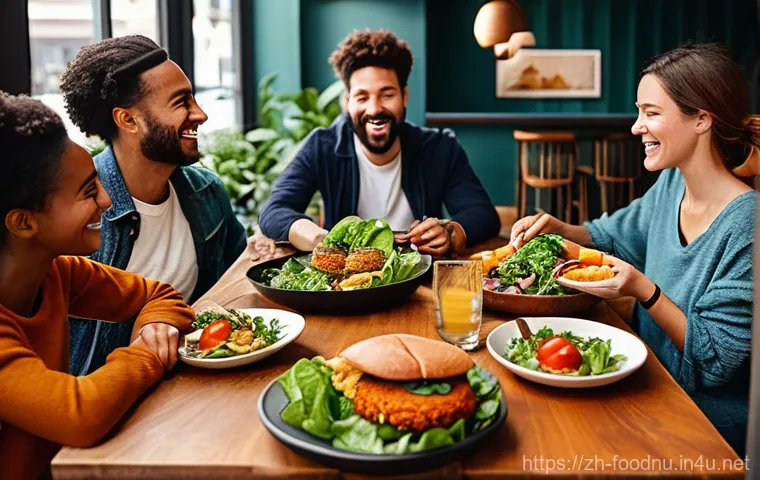 미래 식량과 대체 단백질 - **Prompt for Plant-Based Meat:**
    "A cozy, modern restaurant with warm lighting. A diverse group ...