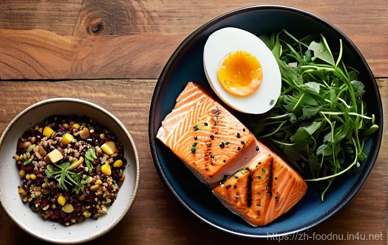 식물성 단백질과 동물성 단백질 비교 - **A balanced and vibrant display of diverse protein sources.**
    "A visually striking split image ...