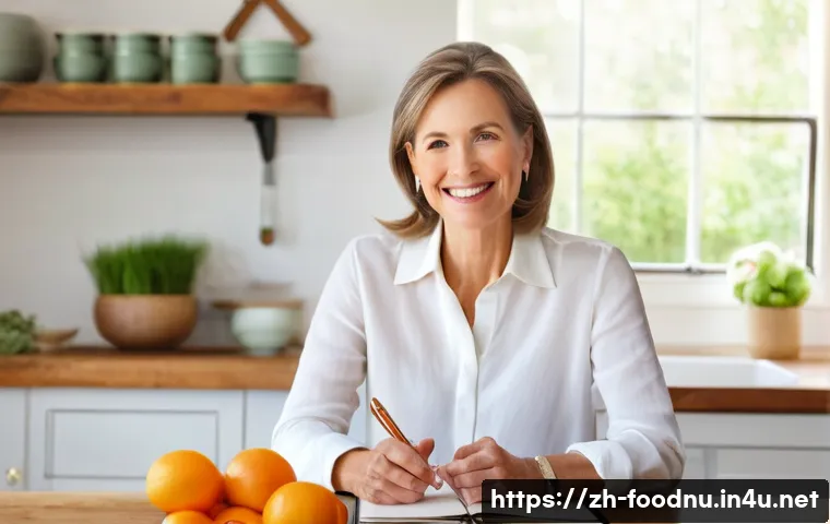 갱년기 영양 관리 - **Prompt:** A serene and elegant woman in her late 40s to early 50s, with a warm, gentle smile, sitt...