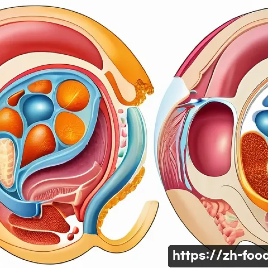 단백질 흡수 과정 - A detailed scientific illustration of protein digestion in the human stomach, showing the acidic gas...