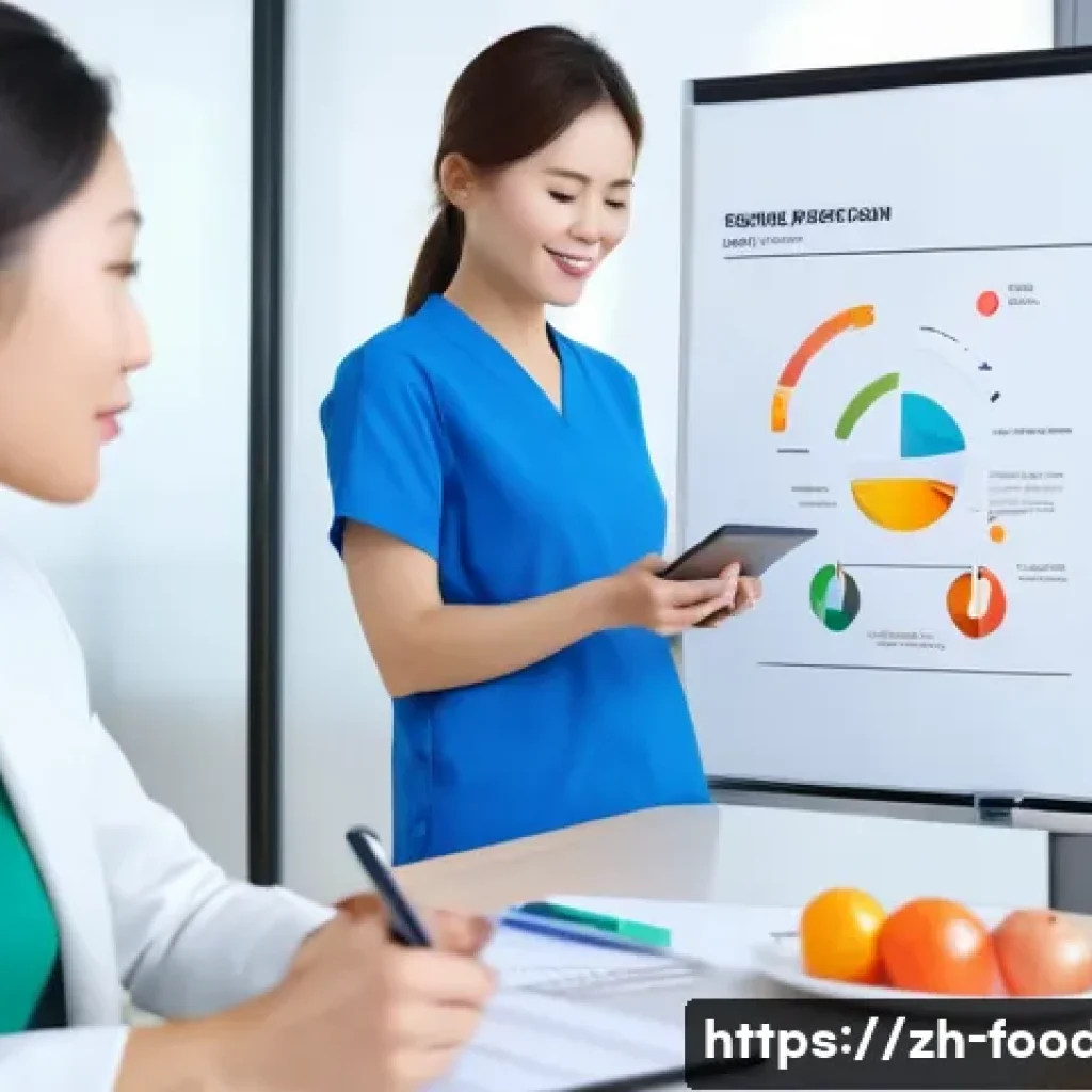 영양 상담 사례 분석 - A modern nutrition consultation scene in a bright, clean office setting featuring a young Chinese pr...