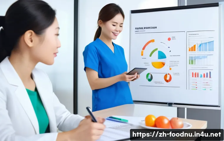 영양 상담 사례 분석 - A modern nutrition consultation scene in a bright, clean office setting featuring a young Chinese pr...