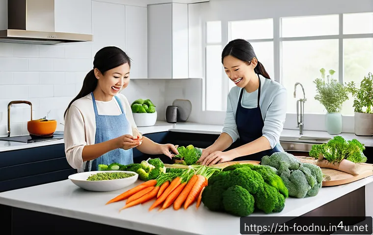 신장 건강과 저염식 - A modern kitchen scene showing a family cooking a healthy low-sodium meal using fresh vegetables lik...