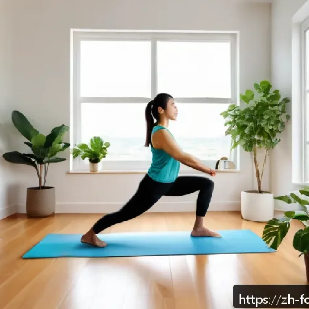 운동과 영양학 - A bright, modern home workout corner bathed in natural morning sunlight, featuring a young adult wea...