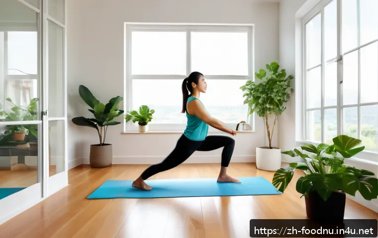 운동과 영양학 - A bright, modern home workout corner bathed in natural morning sunlight, featuring a young adult wea...