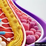 프리바이오틱스와 프로바이오틱스 차이 - A detailed scientific illustration of the human intestinal tract showing a vibrant ecosystem of prob...