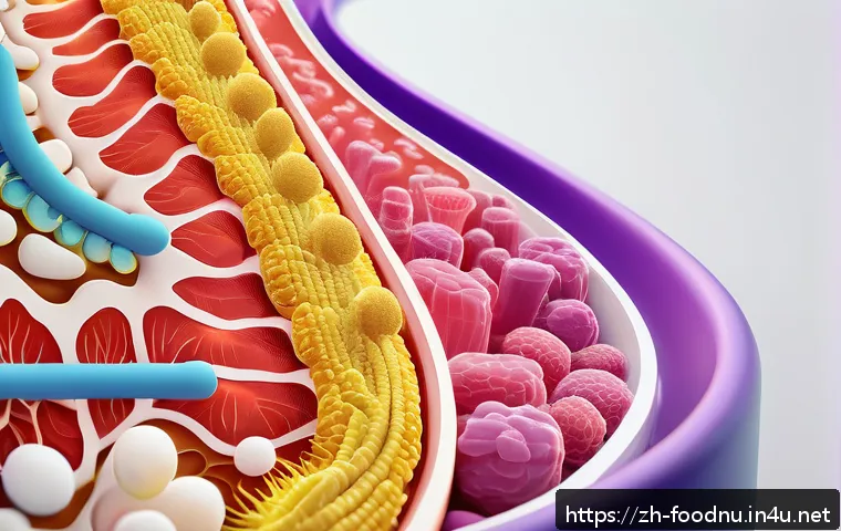 프리바이오틱스와 프로바이오틱스 차이 - A detailed scientific illustration of the human intestinal tract showing a vibrant ecosystem of prob...