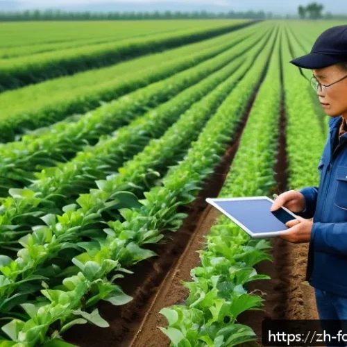 식품 산업 트렌드 분석 - A modern precision agriculture farm scene in China with a farmer wearing casual clothes and safety g...