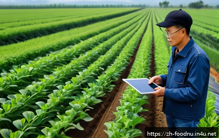 식품 산업 트렌드 분석 - A modern precision agriculture farm scene in China with a farmer wearing casual clothes and safety g...