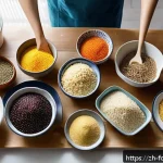 글루텐 프리 식단 연구 - A vibrant, modern kitchen scene showcasing a diverse spread of colorful gluten-free foods such as qu...