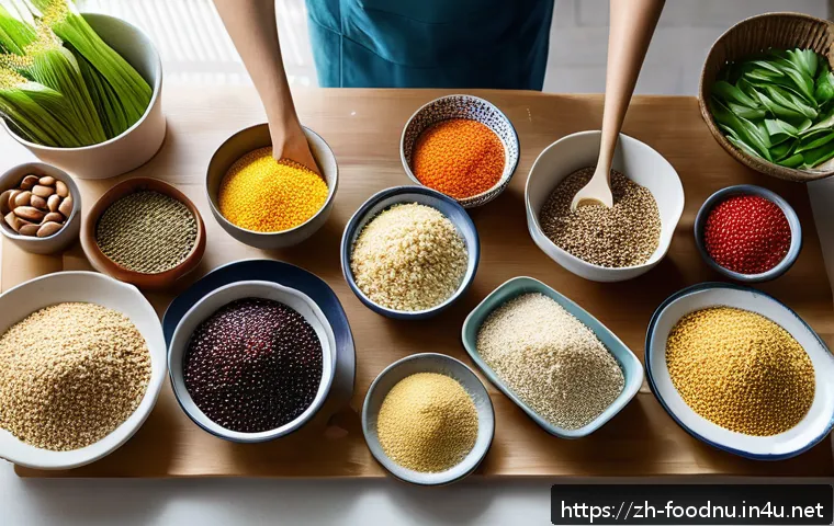글루텐 프리 식단 연구 - A vibrant, modern kitchen scene showcasing a diverse spread of colorful gluten-free foods such as qu...