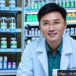건강기능식품 허위 광고 판별법 - A modern, clean pharmaceutical laboratory setting showcasing a scientist in a white lab coat holding...