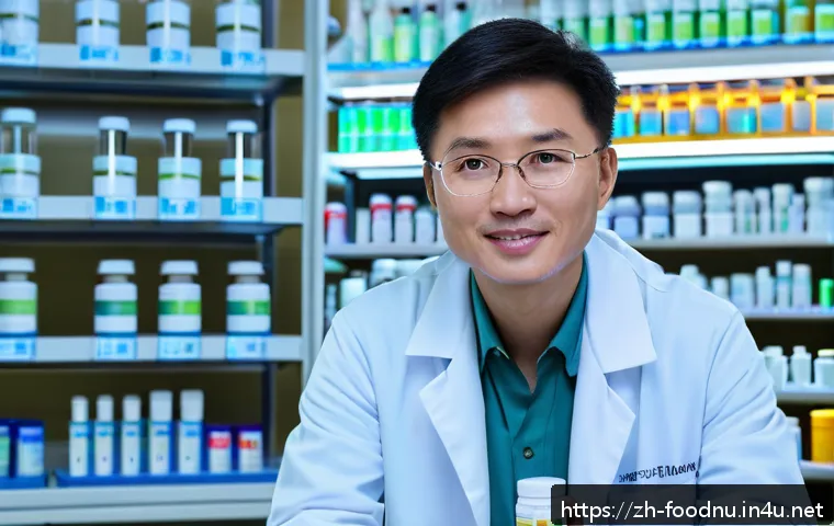 건강기능식품 허위 광고 판별법 - A modern, clean pharmaceutical laboratory setting showcasing a scientist in a white lab coat holding...