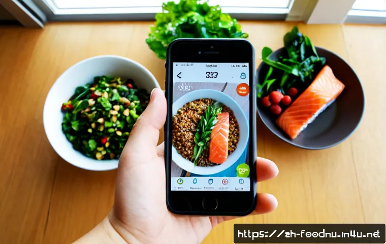 식단 기록 어플 추천 - Photorealistic overhead view of a healthy meal tracking routine, a smartphone displaying colorful un...